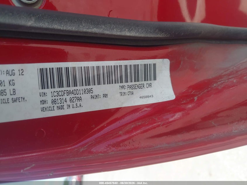 2013 Dodge Dart VIN 1C3CDFBA4DD110305 IAAI salvage auction — LEFT FRONT, Salvage Title, sold $425 on 2026-07-23 (photo 9)