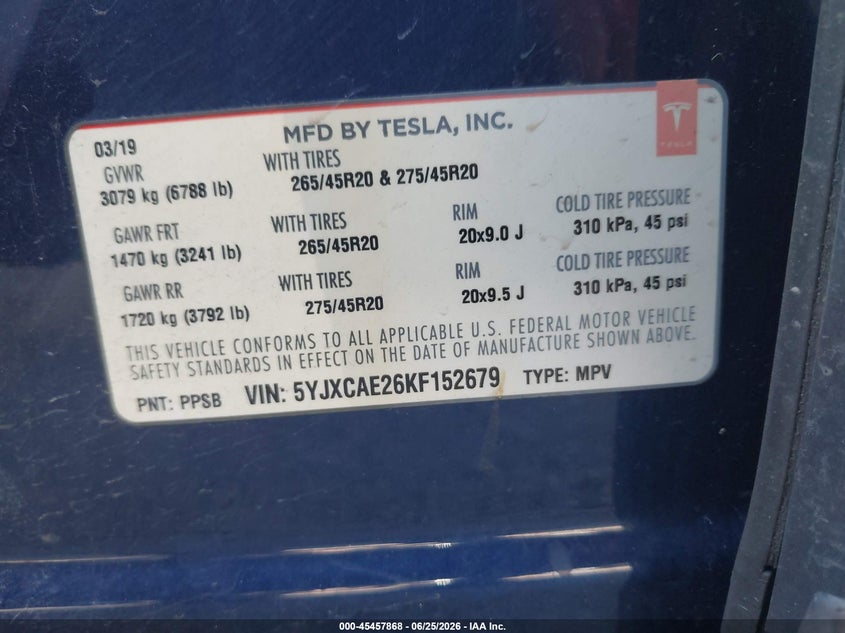 2019 Tesla Model x VIN 5YJXCAE26KF152679 IAAI salvage auction — SIDE, Salvage (Texas), sold $8,000 on 2026-07-21 (photo 9)