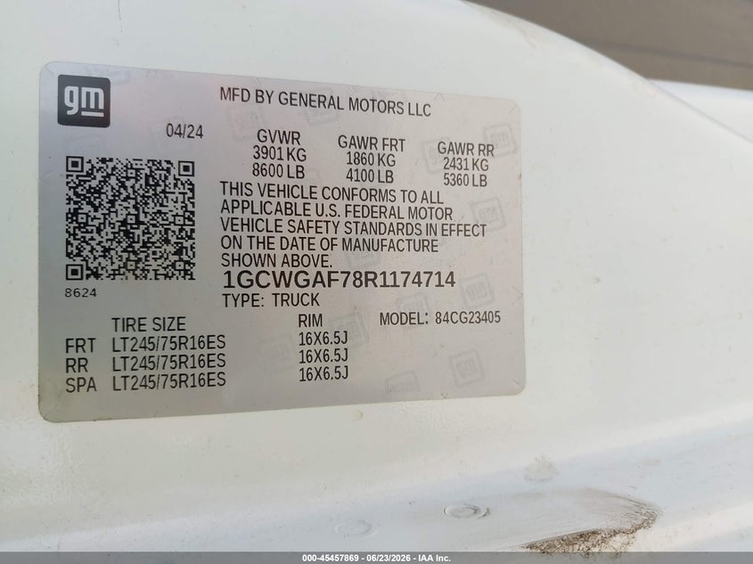 2024 Chevrolet Express VIN 1GCWGAF78R1174714 IAAI salvage auction — FRONT END, Salvage Title, sold $7,050 on 2026-08-31 (photo 9)