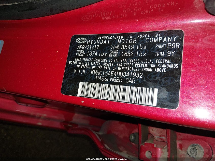 2017 Hyundai Accent VIN KMHCT5AE4HU341932 IAAI salvage auction — FRONT & REAR, Salvage (Idaho), sold $575 on 2026-07-19 (photo 9)