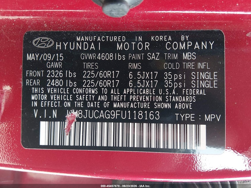 2015 Hyundai Tucson VIN KM8JUCAG9FU118163 IAAI salvage auction — RIGHT SIDE, Bill Of Sale (Washington), sold $3,325 on 2026-07-08 (photo 9)