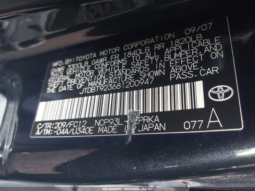 2008 Toyota Yaris VIN JTDBT923681200947 IAAI salvage auction — LEFT FRONT, Salvage (Virginia), sold $725 on 2026-07-09 (photo 9)