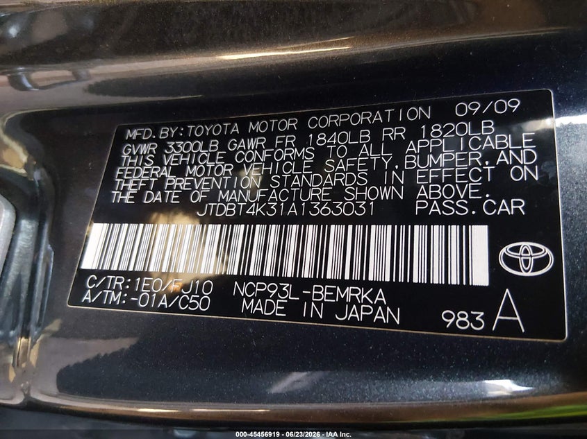 2010 Toyota Yaris VIN JTDBT4K31A1363031 IAAI salvage auction — NORMAL WEAR, Clear-Dealer Only (Arizona), sold $725 on 2026-07-21 (photo 9)