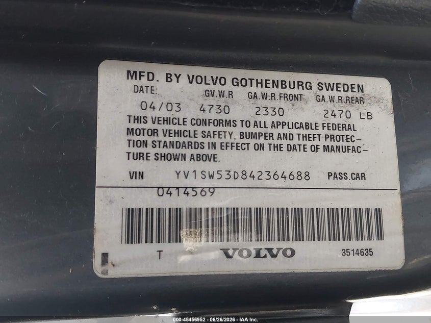 2004 Volvo V70 VIN YV1SW53D842364688 IAAI salvage auction — NORMAL WEAR, Clear (Washington), sold $325 on 2026-07-08 (photo 9)
