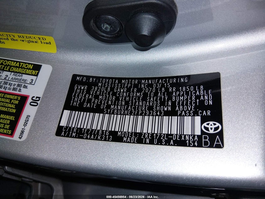 2015 Toyota Corolla VIN 5YFBURHE2FP293643 IAAI salvage auction — LEFT FRONT, Salvage (Idaho), sold $2,100 on 2026-07-17 (photo 9)