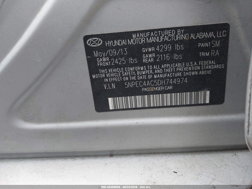 2013 Hyundai Sonata VIN 5NPEC4AC5DH744974 IAAI salvage auction — NORMAL WEAR, Clear (Rhode Island), sold $400 on 2026-07-14 (photo 9)