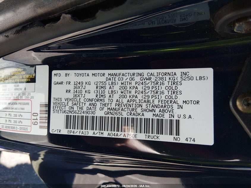 2006 Toyota Tacoma VIN 5TETU62N56Z249030 IAAI salvage auction — RIGHT FRONT, Clear (New Jersey), sold $4,200 on 2026-07-20 (photo 9)