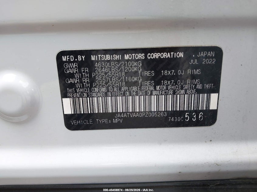 2023 Mitsubishi Eclipse cross VIN JA4ATVAA0PZ005263 IAAI salvage auction — FRONT END, Salvage Title, sold $25 on 2026-07-29 (photo 9)