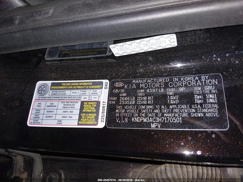 2017 Kia Sportage VIN KNDPM3AC3H7170501 IAAI salvage auction — REAR END, Salvage Title, sold $2,500 on 2026-07-28 (photo 9)