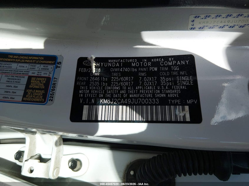 2018 Hyundai Tucson VIN KM8J2CA49JU700333 IAAI salvage auction — REAR END, Salvage (Tennessee), sold $2,150 on 2026-07-17 (photo 9)
