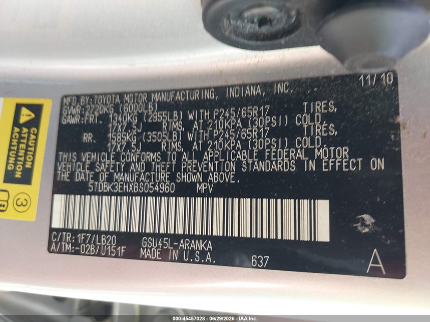 2011 Toyota Highlander VIN 5TDBK3EHXBS054960 IAAI salvage auction — FRONT END, Salvage (Ohio), sold $2,500 on 2026-07-08 (photo 9)