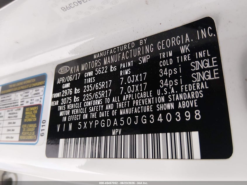 2018 Kia Sorento VIN 5XYPGDA50JG340398 IAAI salvage auction — NORMAL WEAR, Clear (Tennessee), sold $2,250 on 2026-07-06 (photo 9)