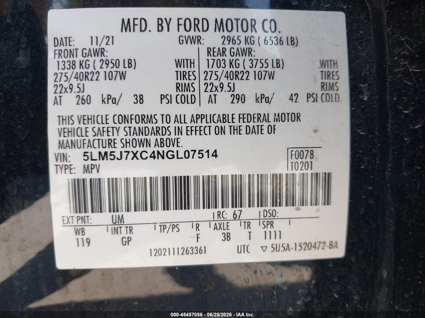 2022 Lincoln Aviator VIN 5LM5J7XC4NGL07514 IAAI salvage auction — WATER/FLOOD, Wait Title, sold $8,700 on 2026-09-07 (photo 9)