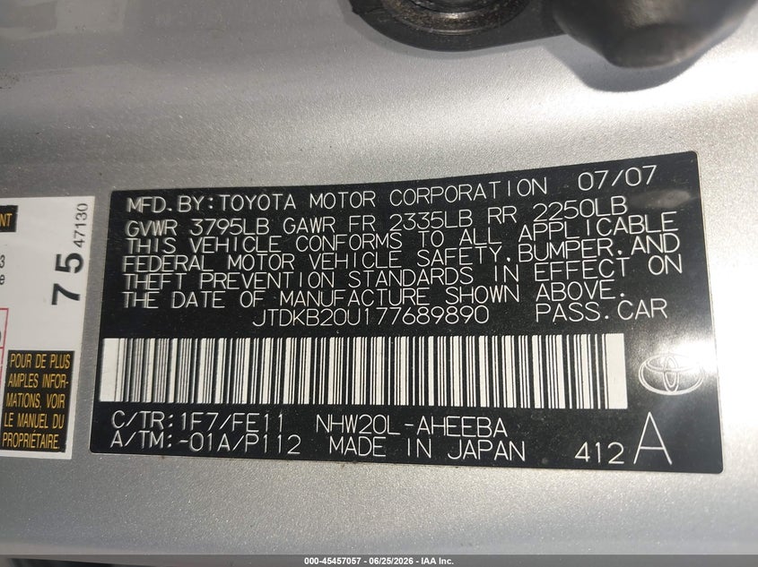 2007 Toyota Prius VIN JTDKB20U177689890 IAAI salvage auction — NORMAL WEAR, Clear-Endorsement (Wisconsin), sold $300 on 2026-07-15 (photo 9)