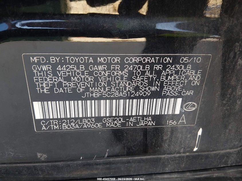 2010 Lexus Is 250 VIN JTHBF5C28A5124909 IAAI salvage auction — FRONT END, Rebuildable (Florida), sold $325 on 2026-07-07 (photo 9)