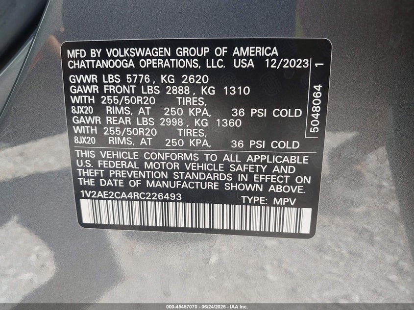 2024 Volkswagen Atlas cross sport VIN 1V2AE2CA4RC226493 IAAI salvage auction — LEFT FRONT, Salvage Title, sold $11,100 on 2026-07-22 (photo 9)