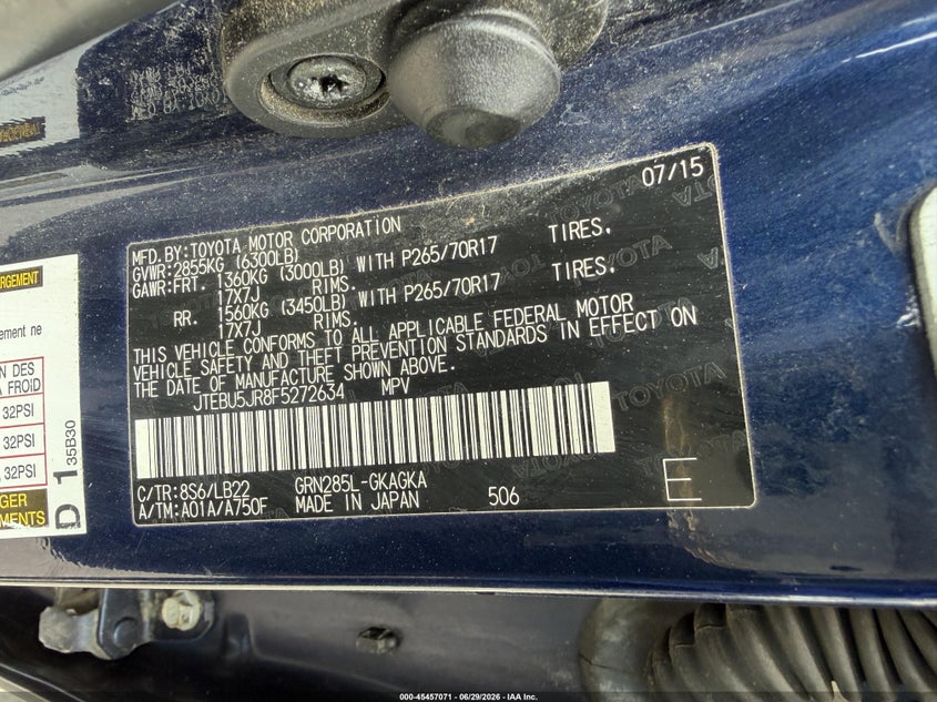 2015 Toyota 4runner VIN JTEBU5JR8F5272634 IAAI salvage auction — NORMAL WEAR, Original (Maine), sold $6,400 on 2026-07-29 (photo 8)