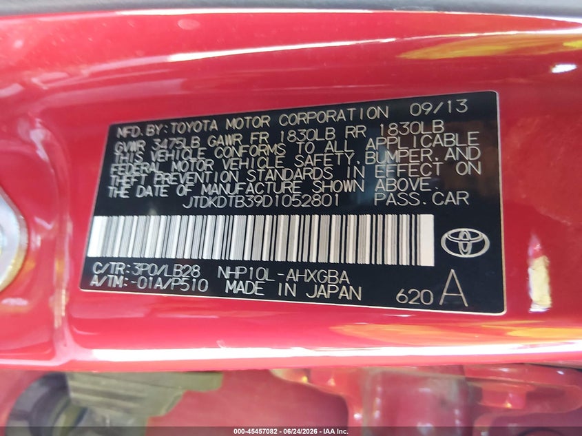 2013 Toyota Prius c VIN JTDKDTB39D1052801 IAAI salvage auction — LEFT FRONT, Salvage Title, sold $2,250 on 2026-07-29 (photo 9)