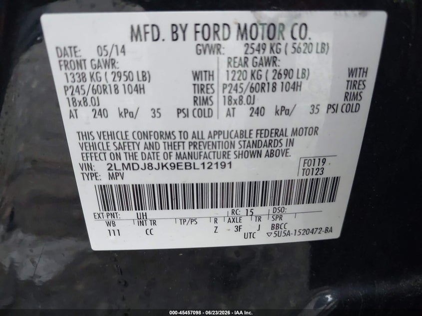 2014 Lincoln Mkx VIN 2LMDJ8JK9EBL12191 IAAI salvage auction — FRONT END, Salvage Title, sold $625 on 2026-07-20 (photo 9)