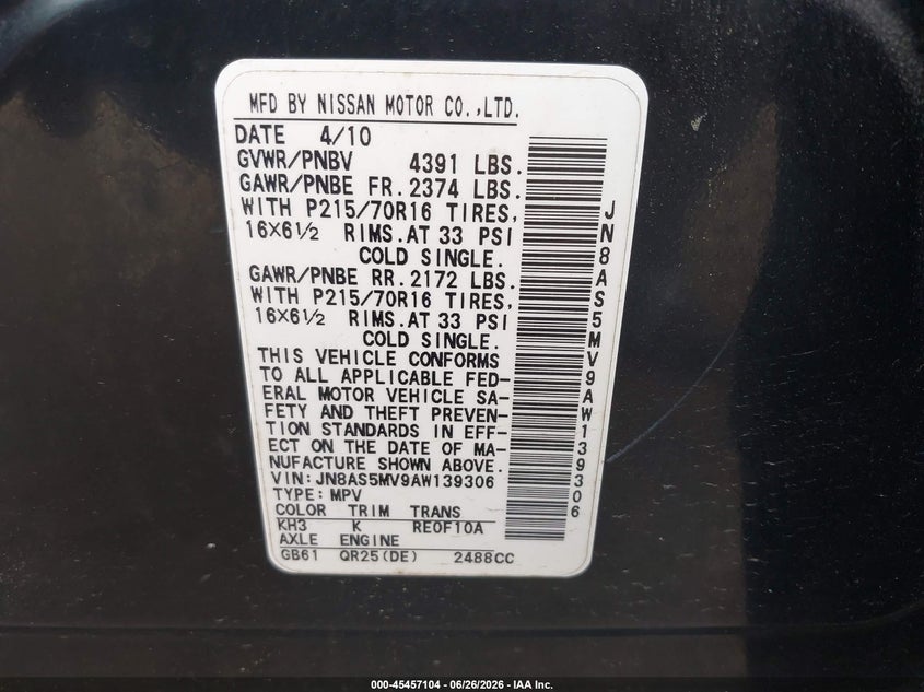 2010 Nissan Rogue sport VIN JN8AS5MV9AW139306 IAAI salvage auction — FRONT END, Bill Of Sale (Washington), sold $200 on 2026-07-23 (photo 9)