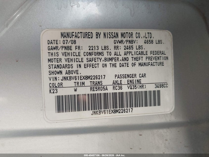 2008 Infiniti G35 VIN JNKBV61EX8M226217 IAAI salvage auction — LEFT FRONT, Salvage (Arizona), sold $225 on 2026-07-21 (photo 9)
