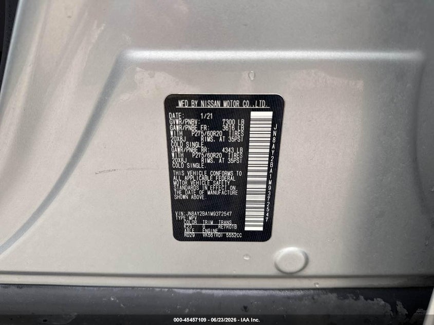 2021 Nissan Armada VIN JN8AY2BA1M9372547 IAAI salvage auction — NORMAL WEAR, Clear (North Carolina), sold $16,875 on 2026-07-29 (photo 9)