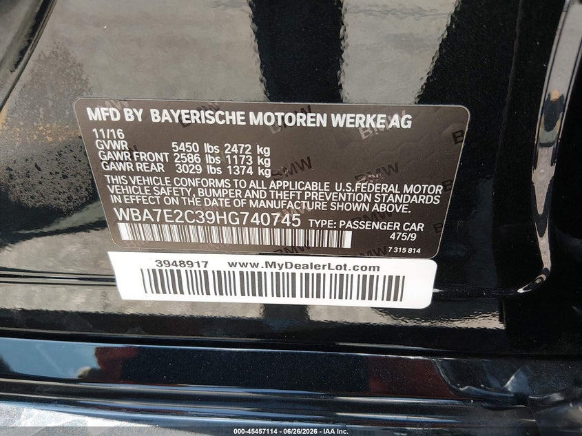 2017 BMW 7er VIN WBA7E2C39HG740745 IAAI salvage auction — FRONT & REAR, Salvage (California), sold $11,000 on 2026-08-04 (photo 9)
