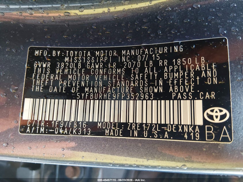 2015 Toyota Corolla VIN 5YFBURHE9FP352963 IAAI salvage auction — FRONT END, Salvage Title, sold $975 on 2026-07-17 (photo 9)