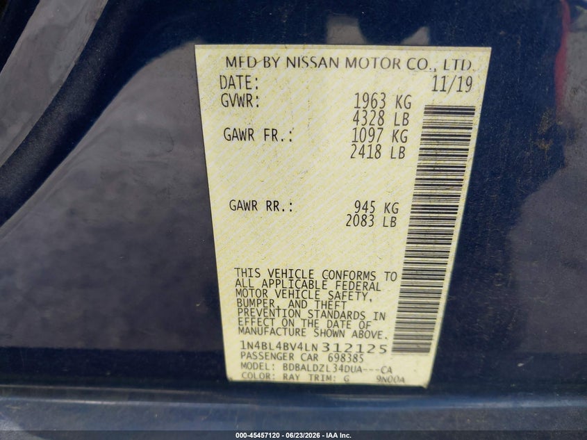 2020 Nissan Altima VIN 1N4BL4BV4LN312125 IAAI salvage auction — NORMAL WEAR, Original (Texas), sold $3,550 on 2026-07-27 (photo 9)