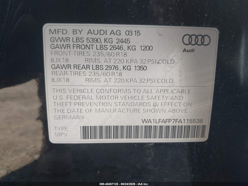 2015 Audi Q5 VIN WA1LFAFP7FA115536 IAAI salvage auction — REAR END, Salvage (Massachusetts), sold $25 on 2026-07-21 (photo 9)