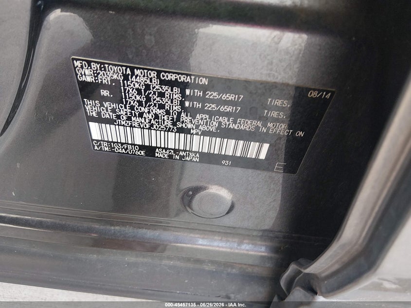 2015 Toyota Rav 4 VIN JTMZFREV0FJ025773 IAAI salvage auction — RIGHT SIDE, Original (Texas), sold $5,850 on 2026-07-31 (photo 9)