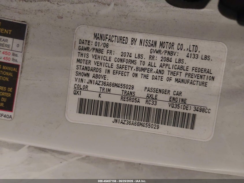 2006 Nissan 350z VIN JN1AZ36A66M455029 IAAI salvage auction — FRONT END, Salvage (Minnesota), sold $1,600 on 2026-08-02 (photo 9)