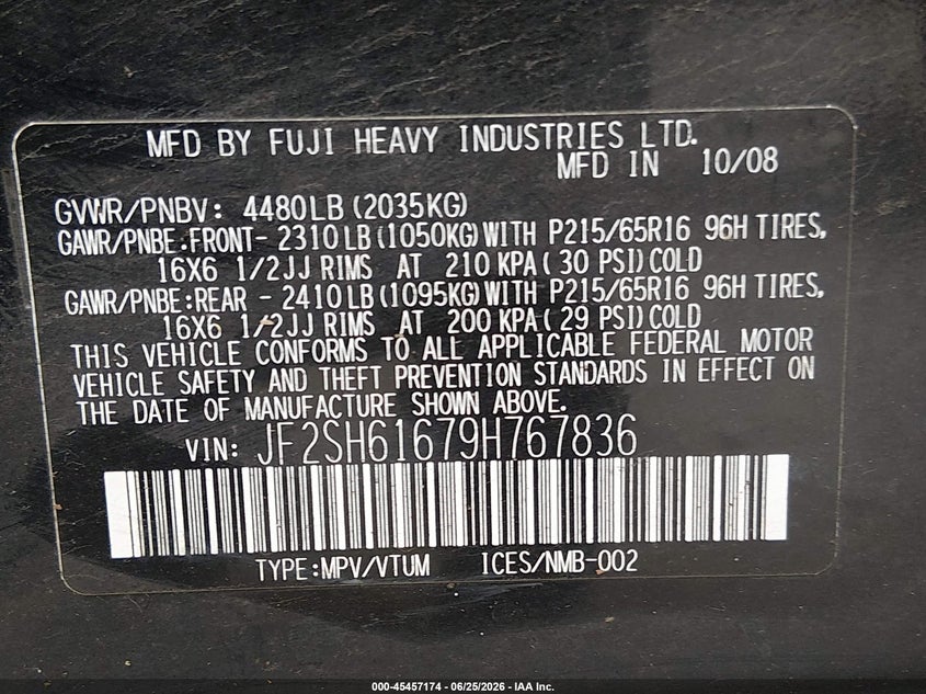 2009 Subaru Forester VIN JF2SH61679H767836 IAAI salvage auction — NORMAL WEAR, Clear (Washington), sold $500 on 2026-07-22 (photo 9)
