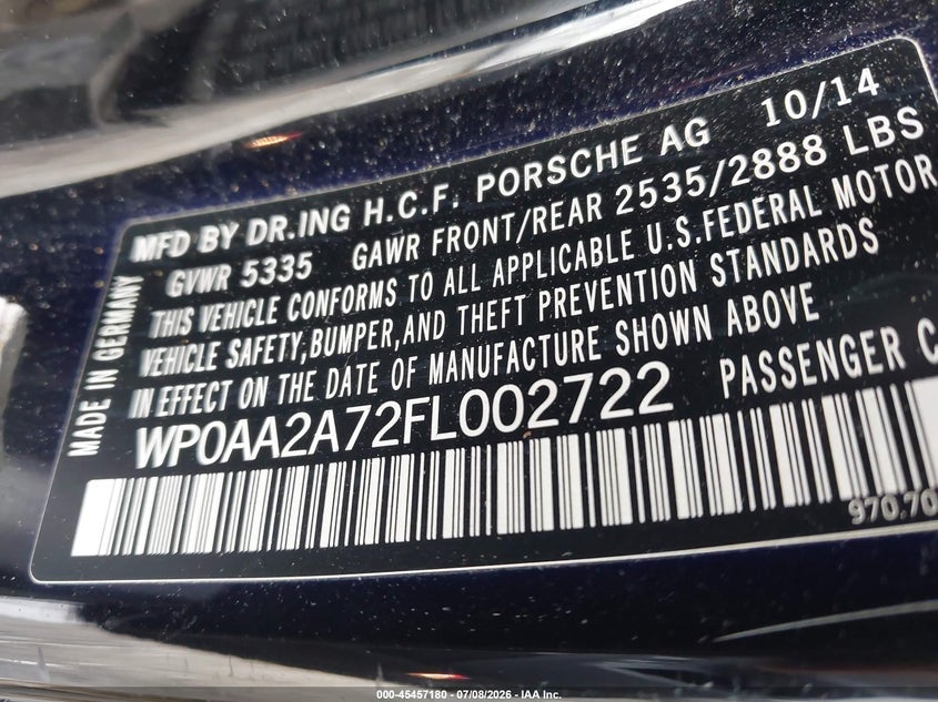 2015 Porsche Panamera VIN WP0AA2A72FL002722 IAAI salvage auction — WATER/FLOOD, Salvage Title, sold $7,000 on 2026-08-19 (photo 9)