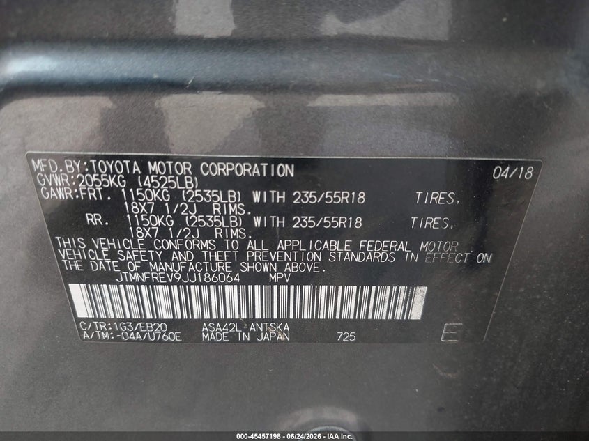 2018 Toyota Rav 4 VIN JTMNFREV9JJ186064 IAAI salvage auction — LEFT FRONT, Salvage (Texas), sold $4,650 on 2026-07-30 (photo 9)