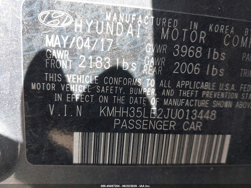 2018 Hyundai VIN KMHH35LE2JU013448 IAAI salvage auction — NORMAL WEAR, Clear - Dealer Only (California), sold $1,475 on 2026-07-13 (photo 9)