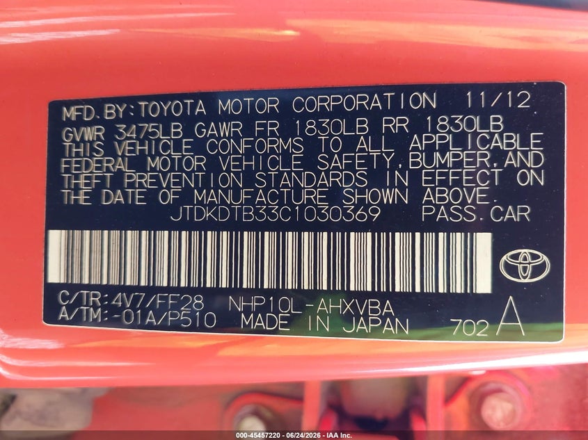 2012 Toyota Prius c VIN JTDKDTB33C1030369 IAAI salvage auction — LEFT FRONT, Salvage Title, sold $1,700 on 2026-07-22 (photo 9)