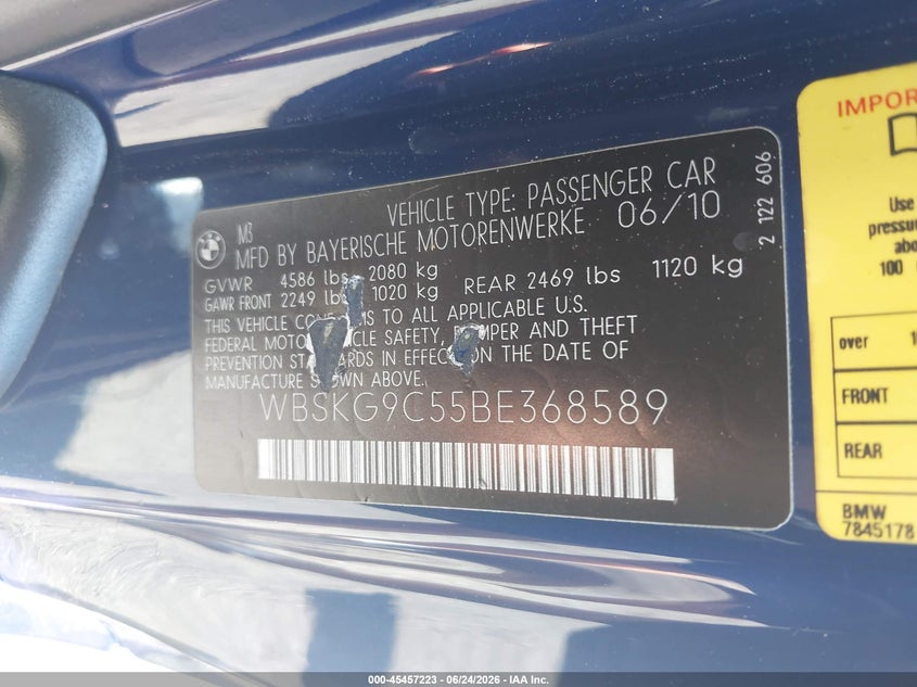 2011 BMW M3 VIN WBSKG9C55BE368589 IAAI salvage auction — FRONT END, Mv-907A (New York), sold $10,300 on 2026-07-14 (photo 9)