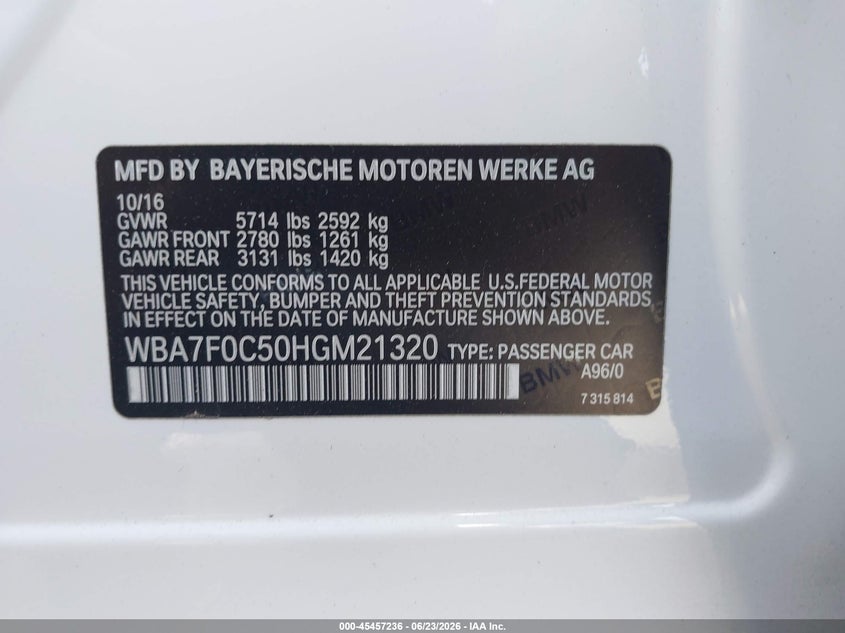 2017 BMW 7er VIN WBA7F0C50HGM21320 IAAI salvage auction — RIGHT FRONT, Salvage Title, sold $6,000 on 2026-08-19 (photo 9)