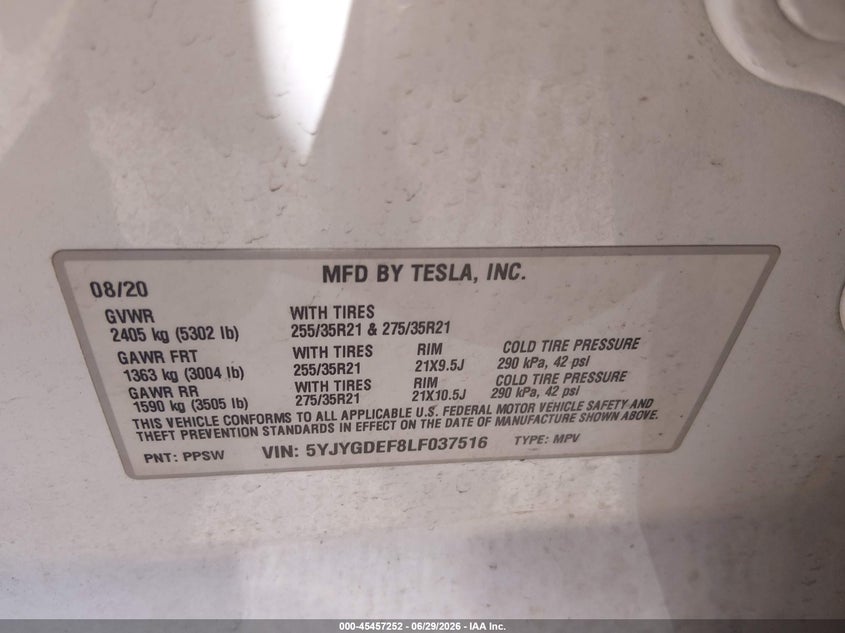 2020 Tesla Model y VIN 5YJYGDEF8LF037516 IAAI salvage auction — FRONT END, Salvage (Indiana), sold $8,450 on 2026-07-22 (photo 9)
