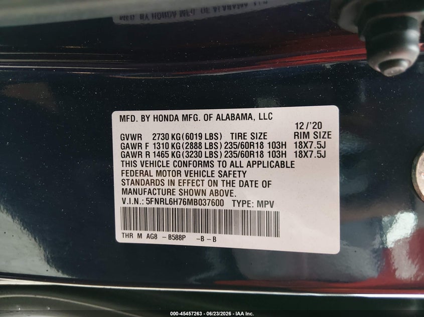 2021 Honda Odyssey VIN 5FNRL6H76MB037600 IAAI salvage auction — SIDE, Salvage (Idaho), sold $4,850 on 2026-07-10 (photo 9)