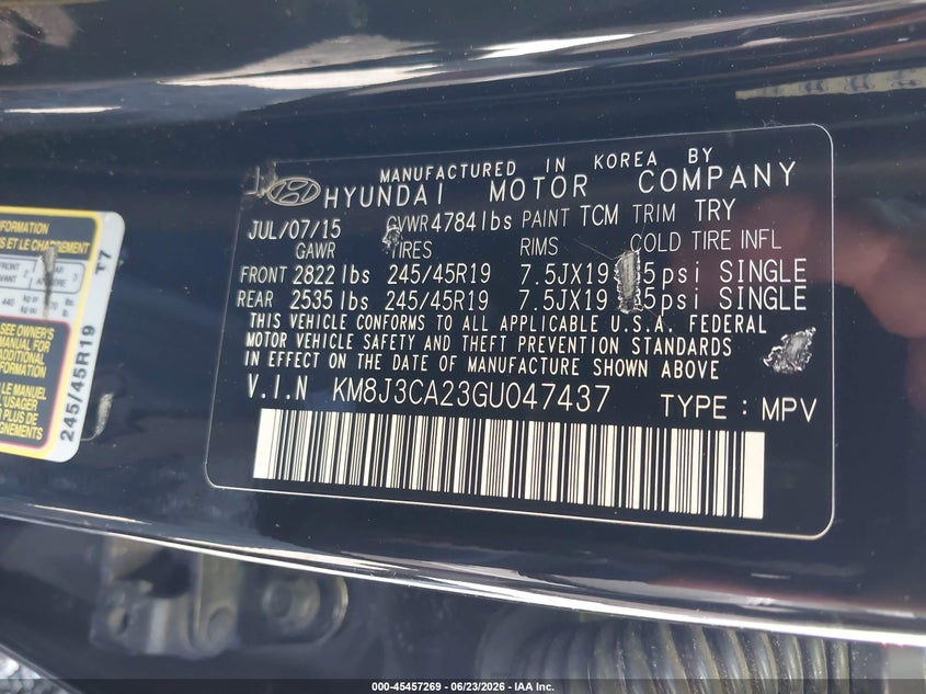 2016 Hyundai Tucson VIN KM8J3CA23GU047437 IAAI salvage auction — NORMAL WEAR, Repossession Paperwork (South Carolina), sold $2,650 on 2026-07-14 (photo 9)