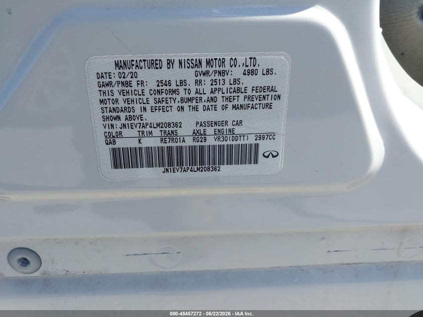 2020 Infiniti Q50 VIN JN1EV7AP4LM208362 IAAI salvage auction — THEFT, Salvage Title, sold $425 on 2026-07-29 (photo 9)
