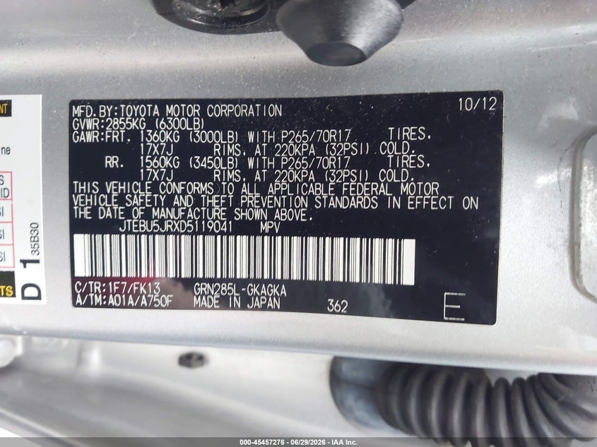 2013 Toyota 4runner VIN JTEBU5JRXD5119041 IAAI salvage auction — LEFT REAR, Bill Of Sale (Washington), sold $5,500 on 2026-07-29 (photo 9)