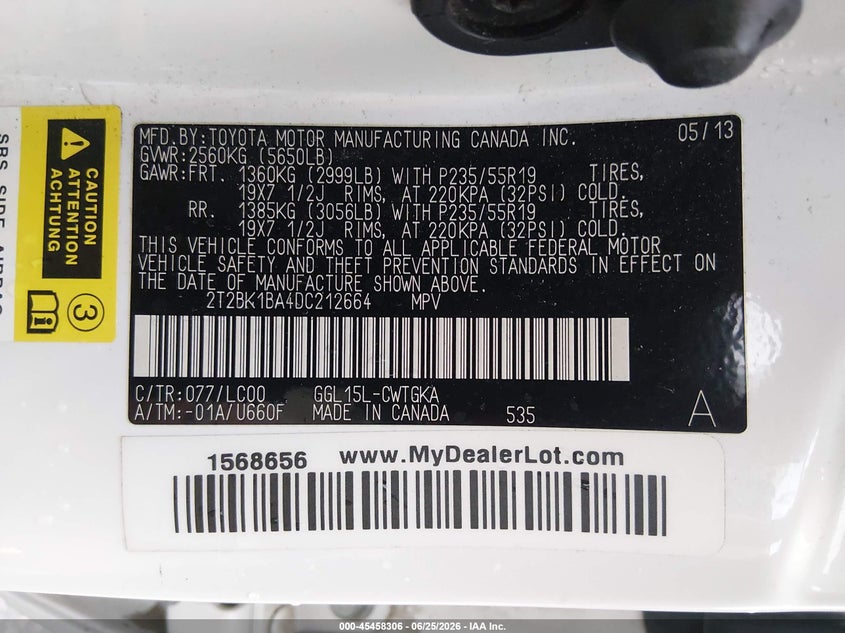 2013 Lexus Rx VIN 2T2BK1BA4DC212664 IAAI salvage auction — HAIL, Salvage (Kansas), sold $8,525 on 2026-07-31 (photo 9)