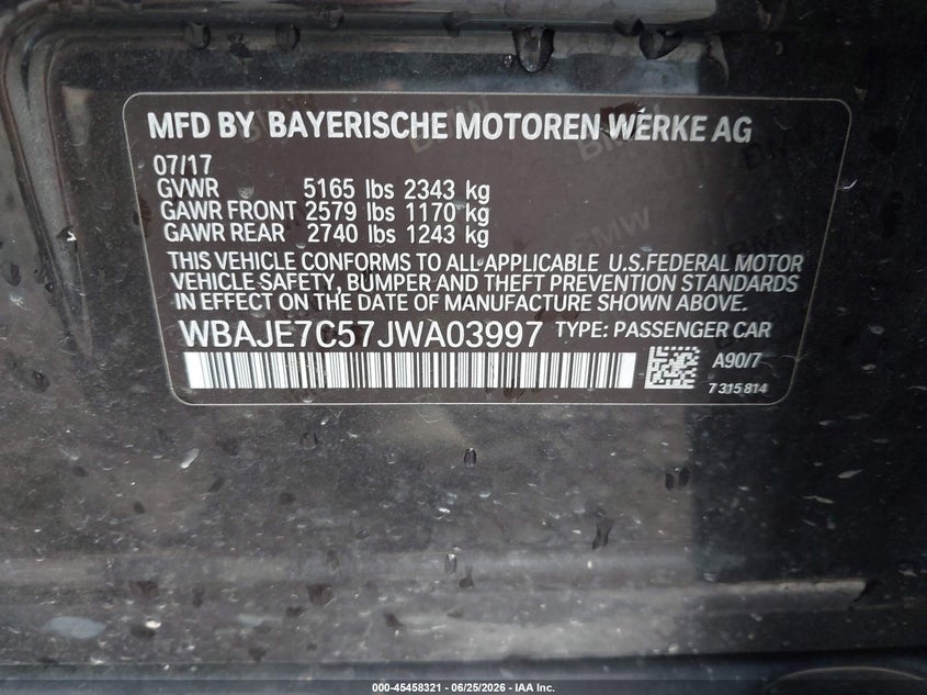 2018 BMW VIN WBAJE7C57JWA03997 IAAI salvage auction — RIGHT FRONT, Salvage (Ohio), sold $6,500 on 2026-07-29 (photo 9)