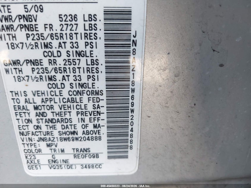 2009 Nissan Murano VIN JN8AZ18W69W204888 IAAI salvage auction — ROLLOVER, Clear (Virginia), sold $325 on 2026-07-30 (photo 9)