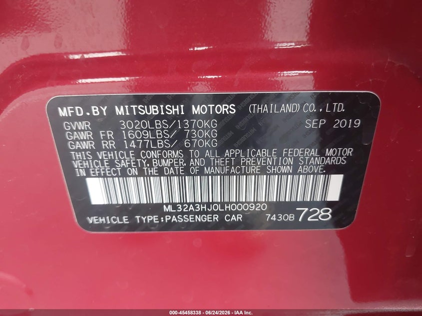 2020 Mitsubishi Mirage VIN ML32A3HJ0LH000920 IAAI salvage auction — LEFT REAR, Salvage (Arizona), sold $2,800 on 2026-07-14 (photo 9)