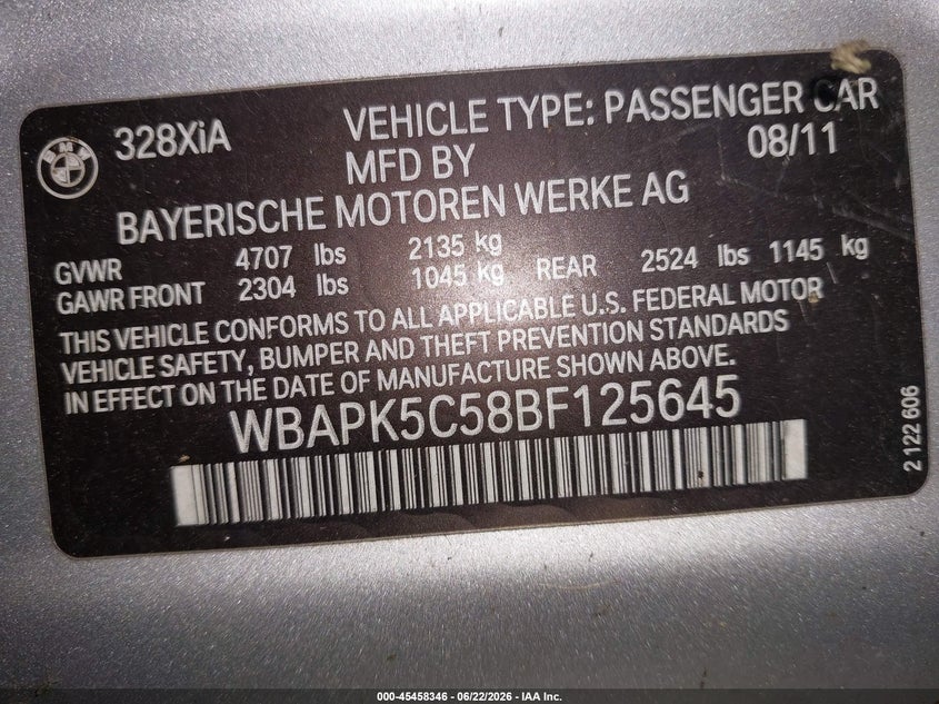 2011 BMW 3 series VIN WBAPK5C58BF125645 IAAI salvage auction — NORMAL WEAR, Clear (Tennessee), sold $450 on 2026-07-29 (photo 9)