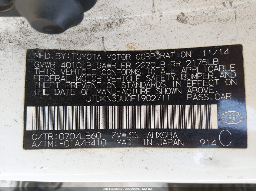 2015 Toyota Prius VIN JTDKN3DU0F1902711 IAAI salvage auction — RIGHT SIDE, Salvage (California), sold $2,800 on 2026-07-29 (photo 9)